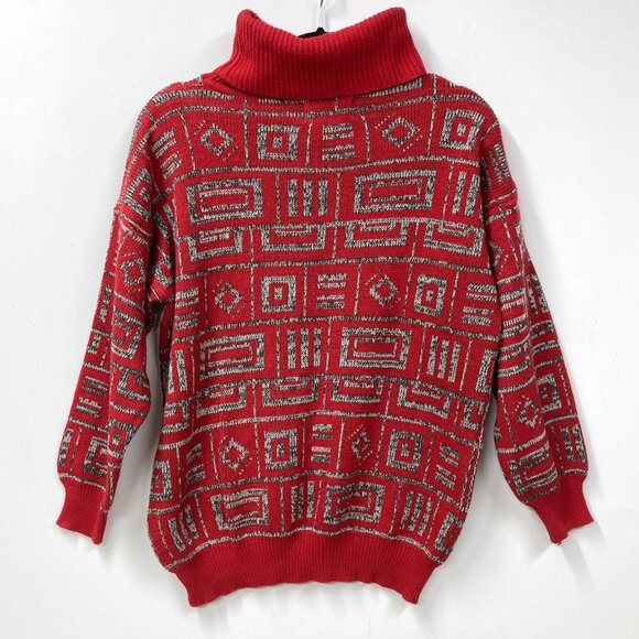Kitty Hawk Vintage Sweater, Women's Sz Medium, Red White Black Geometric Boxy - Picture 7 of 8